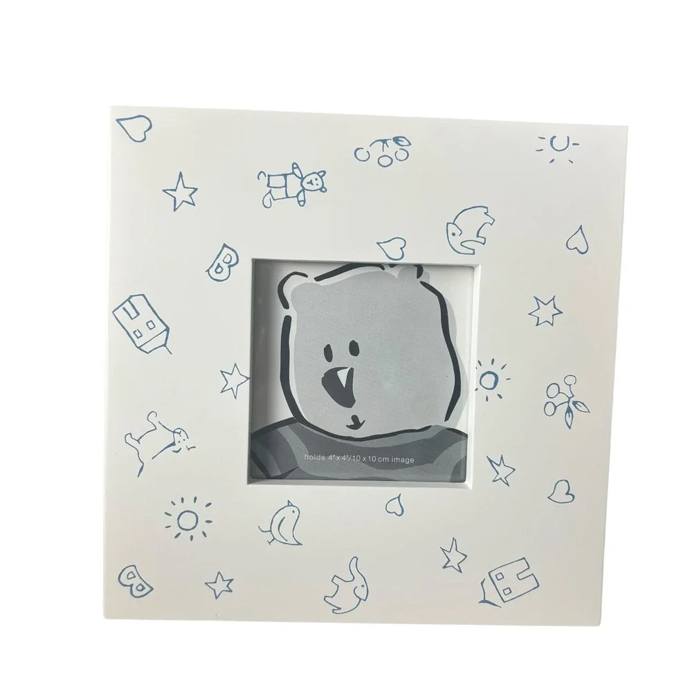 Baby GAP Wood Picture Frame Baby 4x4 White Blue Nursery Sketches‎ Bear Elephant